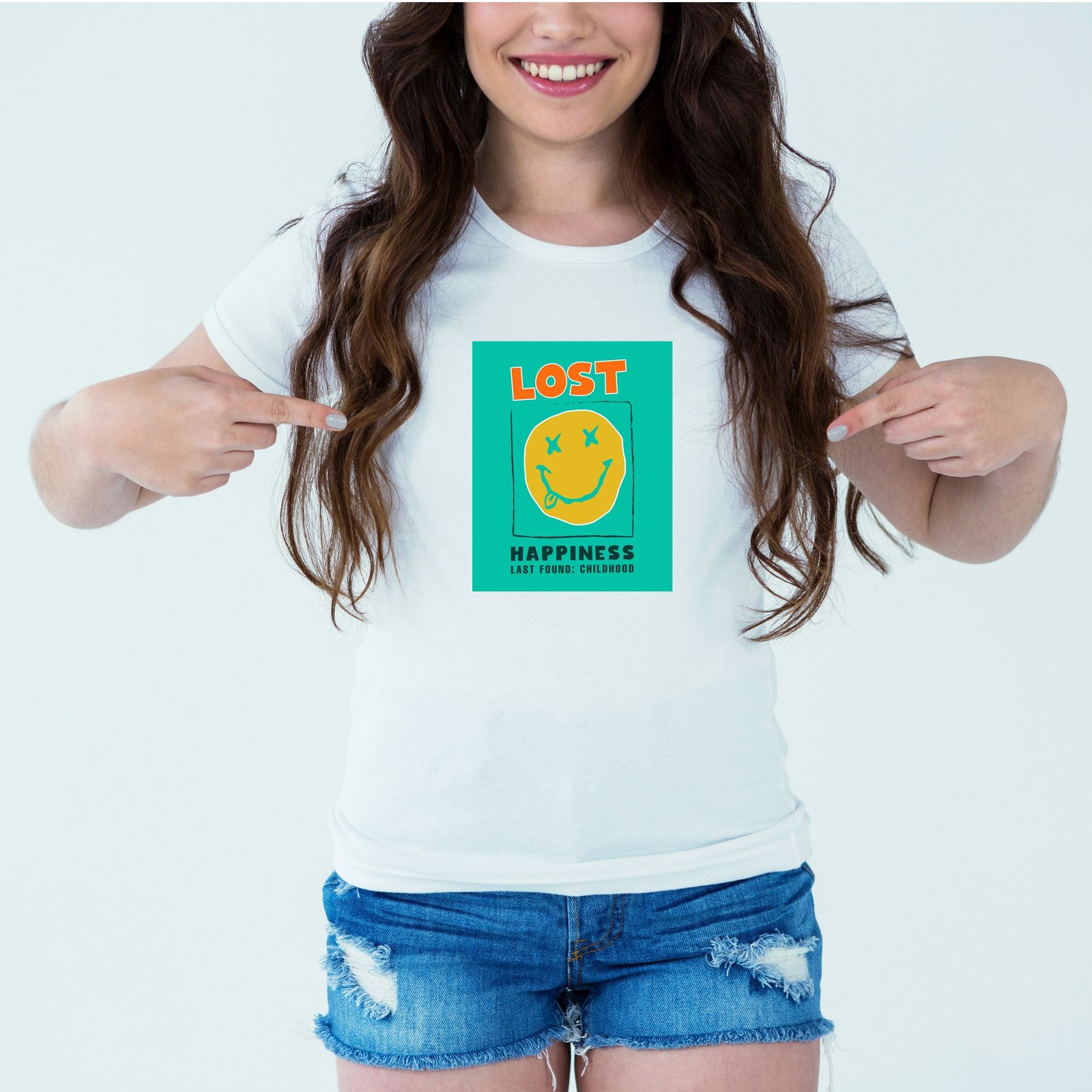 Mockup-Girl-losthappinesslastfounchildhood.jpg Designer Printed T-Shirt :: Design type - Lost Happiness - Last Found @ Childhood - Cloth type : DOT-KNIT - Image 1