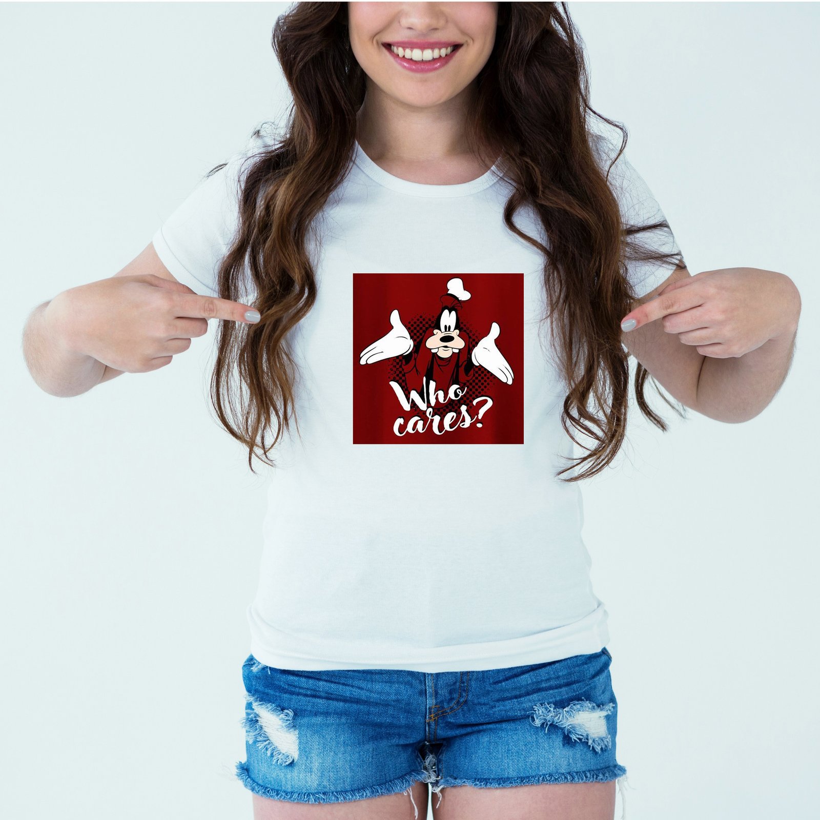 Mockup-Girl-whocares.jpg Designer Printed T-Shirt :: Design type - Who Cares - Cloth type : DOT-KNIT - Image 1