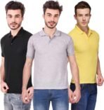 One-H Men's Polo Neck Short Sleeve Casual Tshirt Combo of Black, Grey, Yellow colors (Pack of 3)