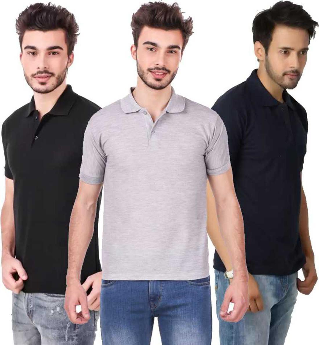 m-tshirt-combo-3-black-grey-darkblue-phonicz-retails-original-imafg4dcfpc75fff.jpeg One-H Men's Polo Neck Short Sleeve Casual Tshirt Combo of Dark Blue, Black, Grey colors (Pack of 3) - Image 1