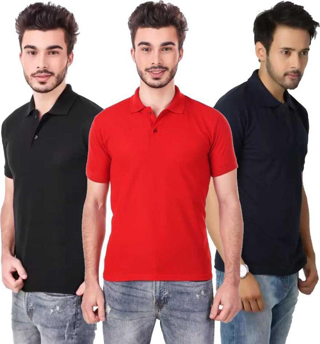 m-tshirt-combo-3-black-red-darkblue-phonicz-retails-original-imafg4baqqtwubft.jpeg One-H Men's Polo Neck Short Sleeve Casual Tshirt Combo of Dark Blue, Red, Black colors (Pack of 3) - Image 1