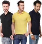 One-H Men's Polo Neck Short Sleeve Casual Tshirt Combo of Dark Blue, Black, Yellow colors (Pack of 3)