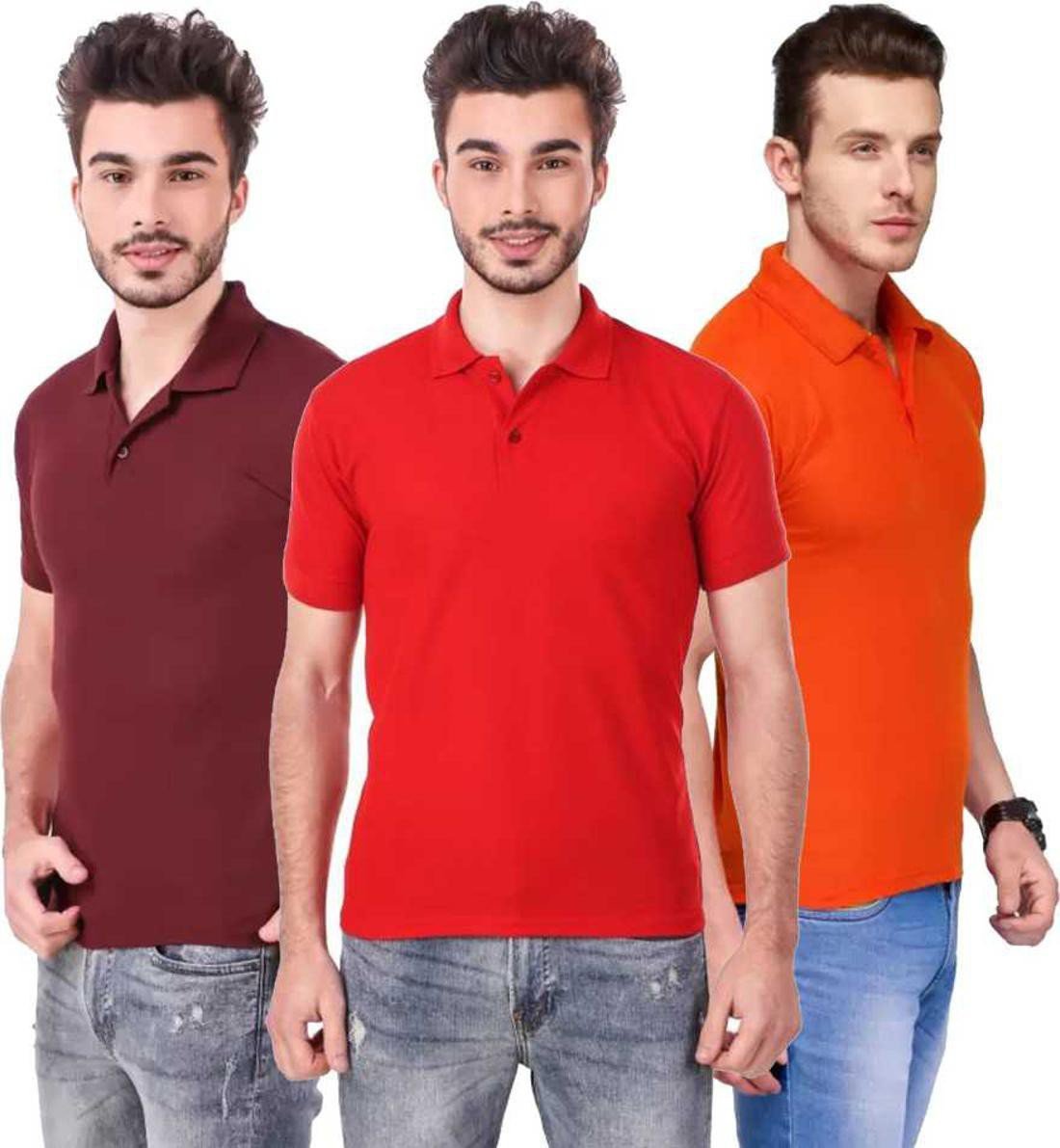 m-tshirt-combo-3-maroon-red-orange-phonicz-retails-original-imafg4buafrz8jgg.jpeg One-H Men's Polo Neck Short Sleeve Casual Tshirt Combo of Red, Maroon, Orange colors (Pack of 3) - Image 1