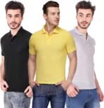 One-H Men's Polo Neck Short Sleeve Casual Tshirt Combo of Black, Grey, Yellow colors (Pack of 3)