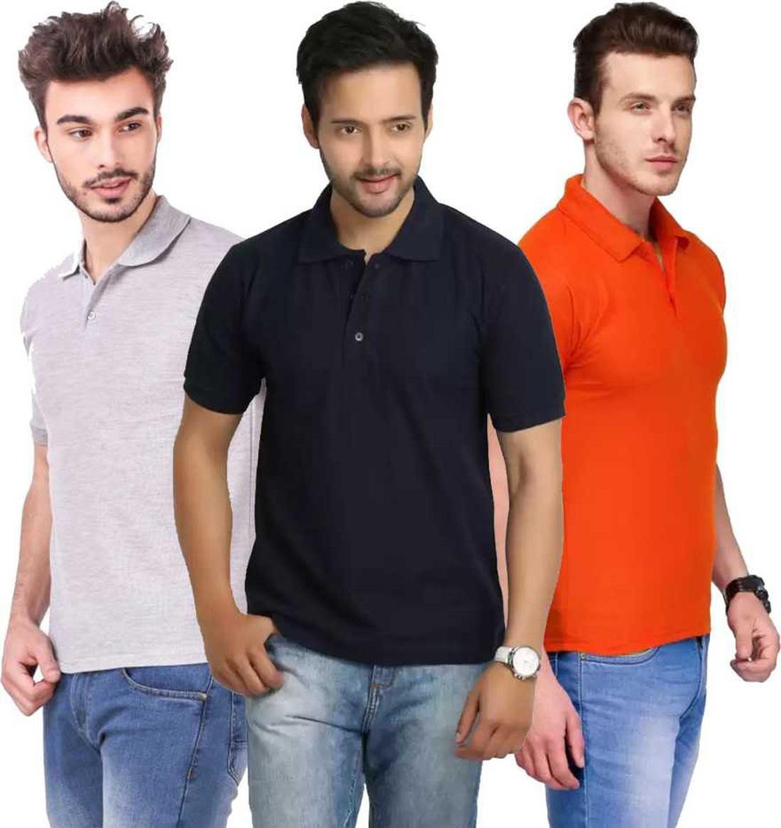 xl-tshirt-combo-3-grey-darkblue-orange-phonicz-retails-original-imafg4b3ps78zwjr.jpeg One-H Men's Polo Neck Short Sleeve Casual Tshirt Combo of Blue, Orange, Grey colors (Pack of 3) - Image 1