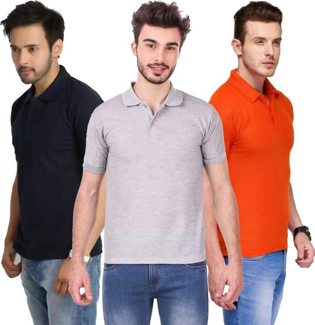 xxl-tshirt-combo-3-darkblue-grey-orange-phonicz-retails-original-imafg4cgtspyfthx.jpeg One-H Men's Polo Neck Short Sleeve Casual Tshirt Combo of Dark Blue, Orange, Grey colors (Pack of 3) - Image 1