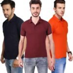One-H Men's Polo Neck Short Sleeve Casual Tshirt Combo of Dark Blue, Maroon, Orange colors (Pack of 3)