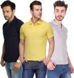 One-H Men's Polo Neck Short Sleeve Casual Tshirt Combo of Dark Blue, Grey, Yellow colors (Pack of 3)