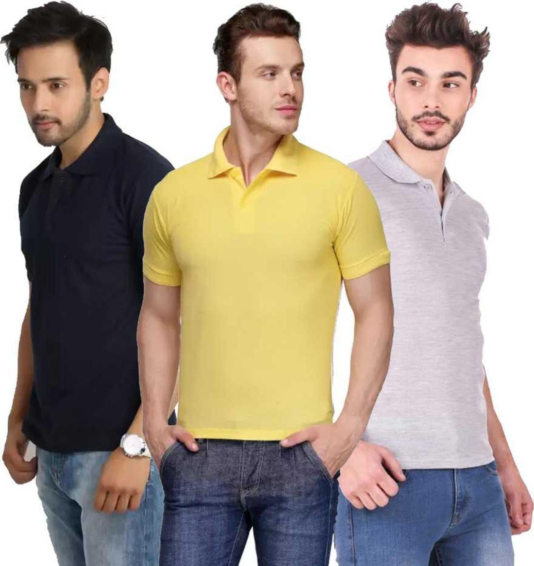 xxl-tshirt-combo-3-darkblue-yellow-grey-mudshi-original-imafg4ba9r6b34nh.jpeg One-H Men's Polo Neck Short Sleeve Casual Tshirt Combo of Dark Blue, Grey, Yellow colors (Pack of 3) - Image 1