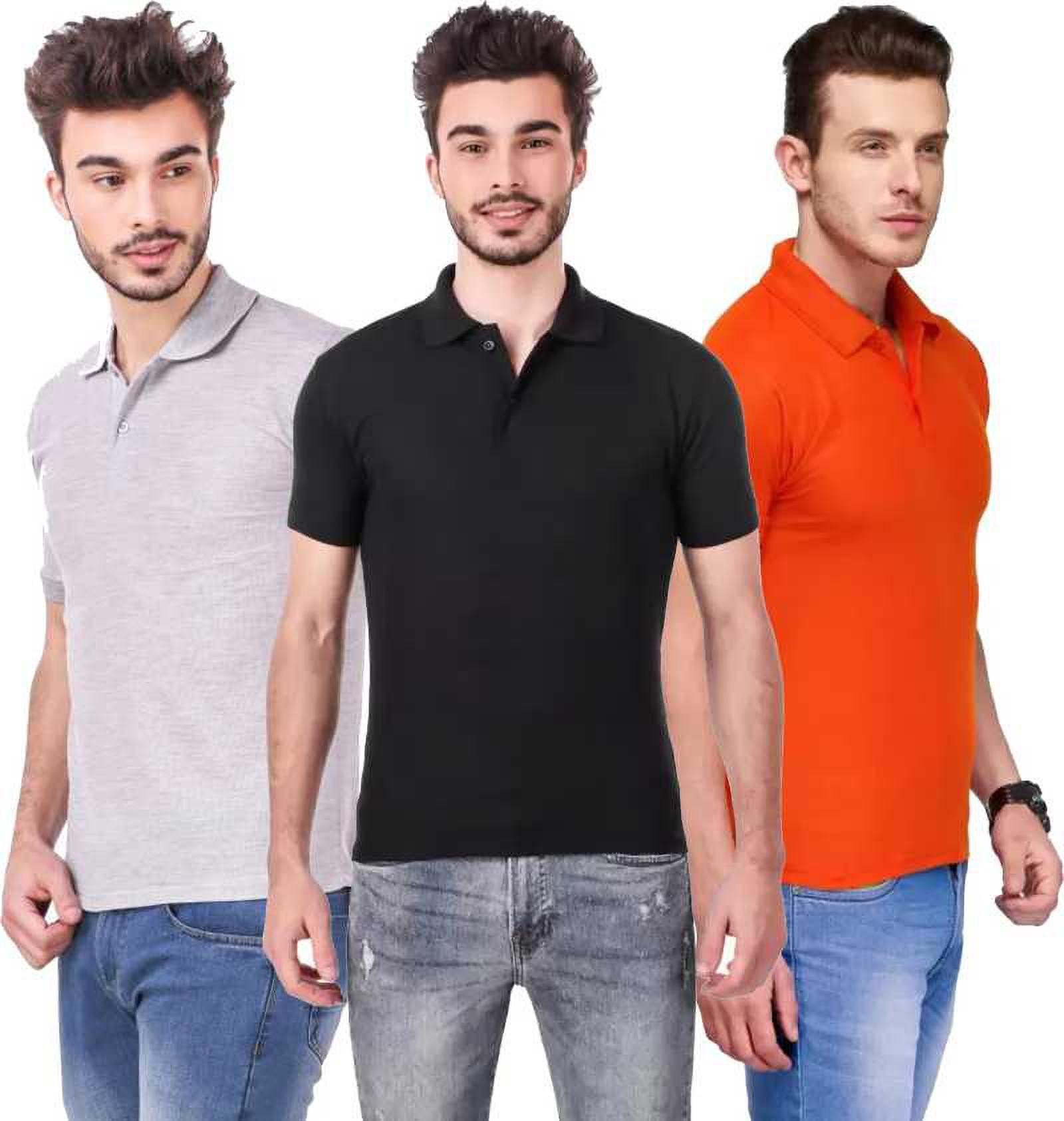 xxl-tshirt-combo-3-grey-black-orange-phonicz-retails-original-imafg4d3mwnt8yae.jpeg One-H Men's Polo Neck Short Sleeve Casual Tshirt Combo of Black, Orange, Grey colors (Pack of 3) - Image 1