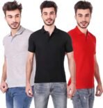 One-H Men's Polo Neck Short Sleeve Casual Tshirt Combo of Red, Black, Grey colors (Pack of 3)