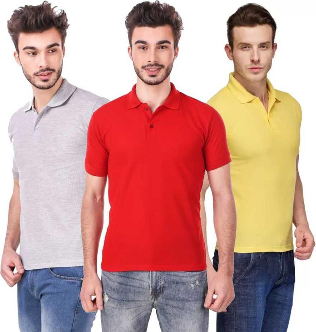 xxl-tshirt-combo-3-grey-red-yellow-phonicz-retails-original-imafg4bvwzdkf7hq.jpeg One-H Men's Polo Neck Short Sleeve Casual Tshirt Combo of Red, Grey, Yellow colors (Pack of 3) - Image 1