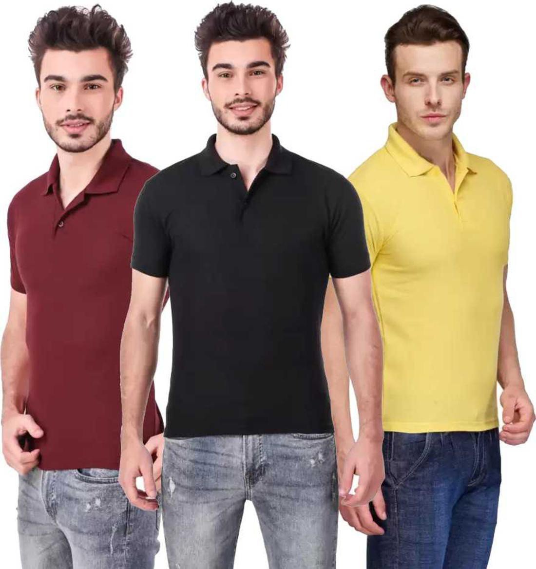 xxl-tshirt-combo-3-orange-black-red-mudshi-original-imafg4cmqjyhdxbf.jpeg One-H Men's Polo Neck Half Sleeve Casual Tshirt Combo of Red, Black, Orange colors (Pack of 3) - Image 1