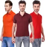 One-H Men's Polo Neck Short Sleeve Casual Tshirt Combo of Red, Maroon, Orange colors (Pack of 3)