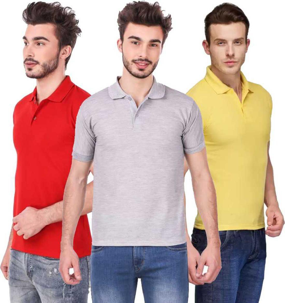 xxl-tshirt-combo-3-red-grey-yellow-mudshi-original-imafg4bymtzsxhp9.jpeg One-H Men's Polo Neck Short Sleeve Casual Tshirt Combo of Red, Grey, Yellow colors (Pack of 3) - Image 1